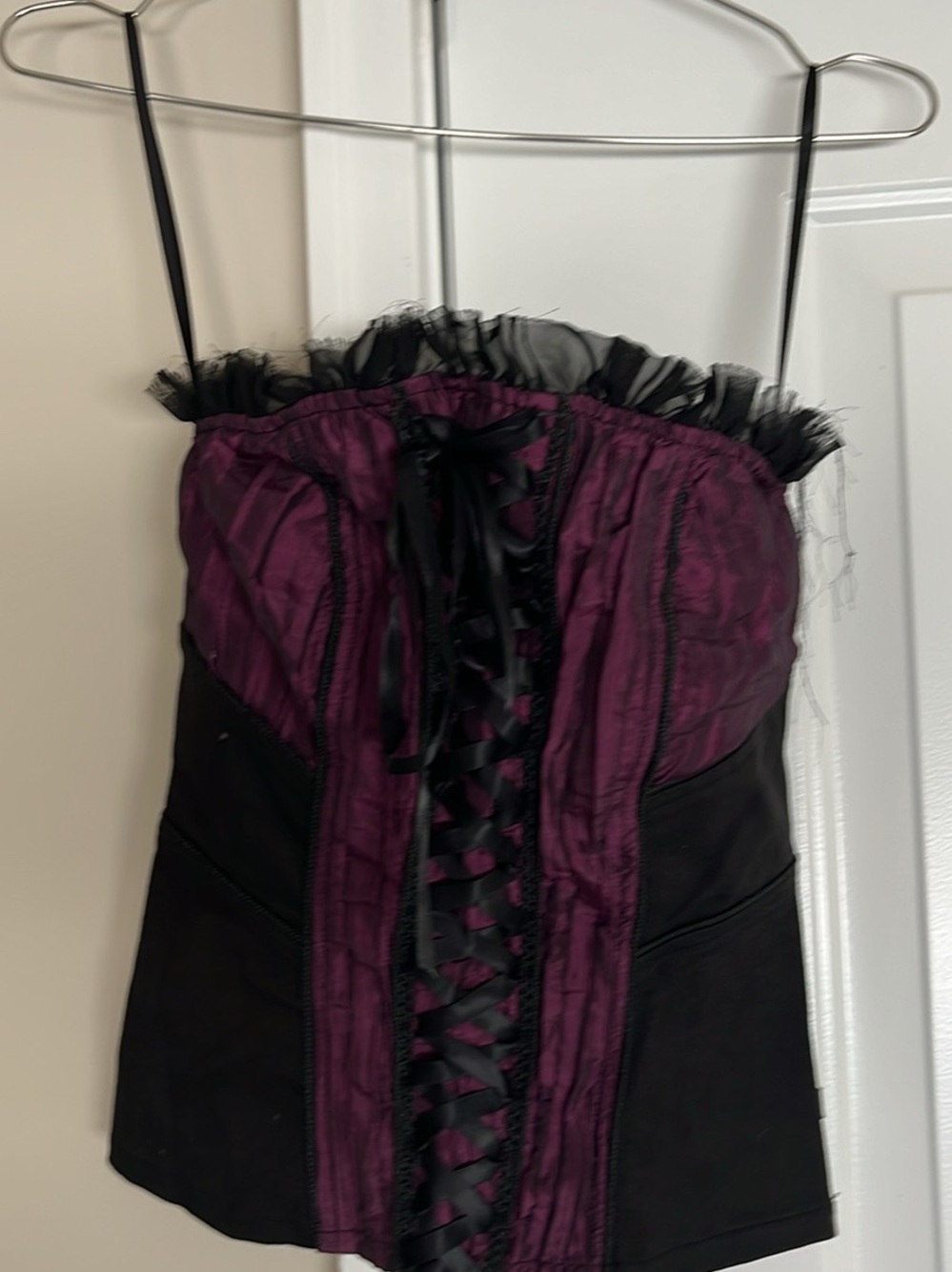 Royal Bones Plum and Black Lace-Up Strapless Corset Top